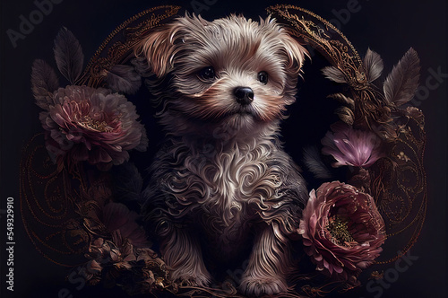 Stylized ornate yorkshire terrier puppy , tree, flowers, carving generated sketch art