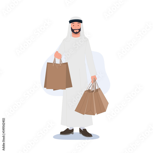 Saudi Arab Man Character Wearing Traditional Clothes Holding Shopping Bags in both hands. Flat vector cartoon character illustration.