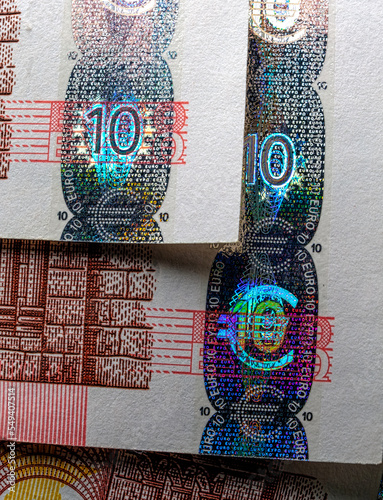 Hologram - Money euro currency seal, temper-proof counterfeits authenticity protection against forgery of euro macro