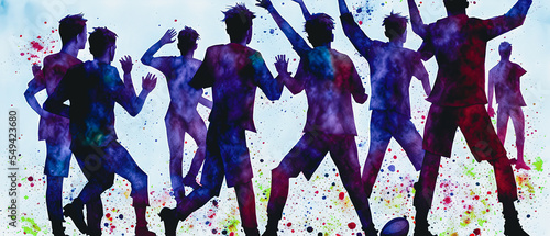 Artistic concept illustration of a watercolor football fans celebrating a victory in stadium , background illustration.
