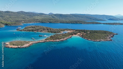 Drone view of Sedir Island andTurquoise sea. Marmaris, Gokova, Akyaka, Mugla, Turkey.