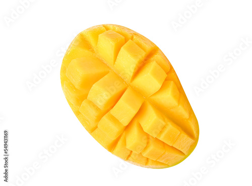 Fresh yellow mango slice on transparent png. Top view..