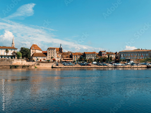 Bergerac, town in Aquitaine. Cyrano’s city. Dock (Quai Salvette) hectic life of the bargemen and traditional gabarres, flat-bottomed boats on Dordogne