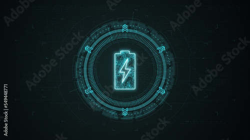 Blue digital battery logo with rotation HUD circle technology interface and futuristic elements abstract background
