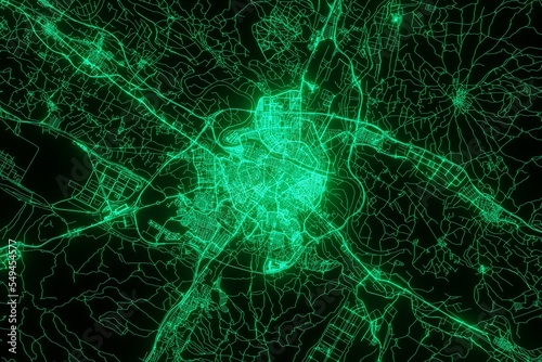 Map of the streets of Zaragoza (Spain) made with green illumination and glow effect. Top view on roads network. 3d render, illustration