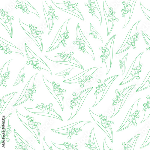 hand drawn lily of the valley branch with big leaves green linear art. seamless pattern on a white background