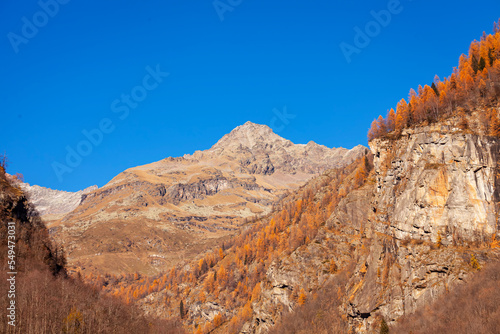 View of the mountains peaks of the Sesia valley (Piedmont, Northern Italy, Vercelli Province), is an alpine river valley, at the slopes of Rosa massif (Northern Italy Alps).