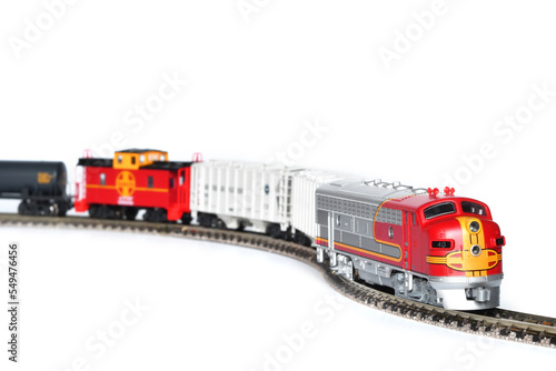 Scale model of a freight train isolated on white background