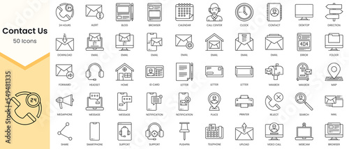 Simple Outline Set of Contact Us icons. Linear style icons pack. Vector illustration
