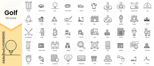 Simple Outline Set of Golf icons. Linear style icons pack. Vector illustration