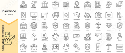 Simple Outline Set of Insurance icons. Linear style icons pack. Vector illustration