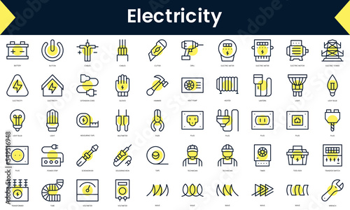 Set of thin line electricity Icons. Line art icon with Yellow shadow. Vector illustration