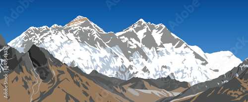 Mount Lhotse and Nuptse south rock face, top of Mt Everest and Ama Dablam peak, vector illustration, Khumbu valley, Everest area, Nepal himalayas mountains