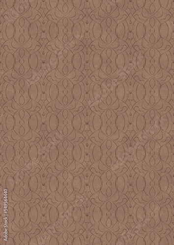 Hand-drawn unique abstract symmetrical seamless ornament. Brown on a light brown background. Paper texture. Digital artwork, A4. (pattern: p08-1f)