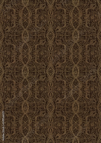 Hand-drawn unique abstract symmetrical seamless gold ornament on a dark brown background. Paper texture. Digital artwork, A4. (pattern: p09e)