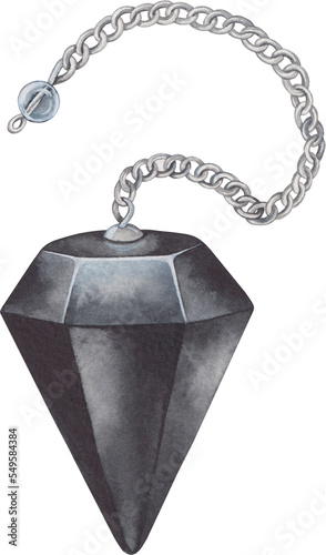 Transparent Background black obsidian Illustration Png. Transparent Clipart Image of watercolor black crystal pendulum ready-to-use for site, article, print. Root chakra stone, healing crystal