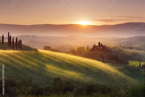 Warm sunrise over the Tuscany hills fields, mountains in the background