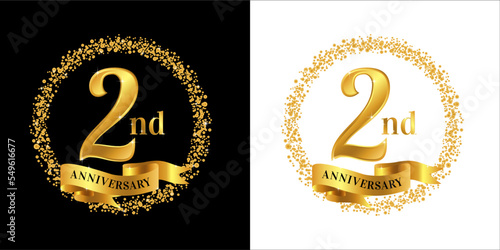 2nd Anniversary logo with golden color, ribbon, and circle sparkle, elegant anniversary logo vector design for greeting card