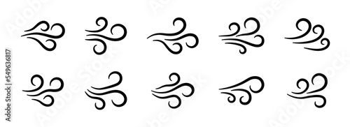 Hand drawn wind air flow icon set. Free breath symbol. Fresh air flow sign. Doodle wind blow icons collection. Weather symbol. Climate design element. Vector illustration isolated on white background.