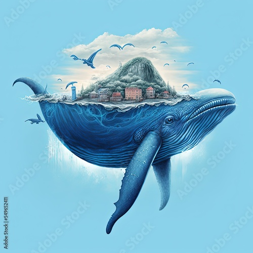 Fusion image between a blue whale and a beautiful small island in the middle of the ocean