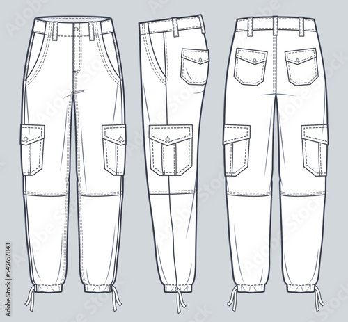 Cargo Pants technical fashion Illustration. Jeans Pants fashion flat technical drawing template, pockets, front, side and back view, white, women, men, unisex CAD mockup.