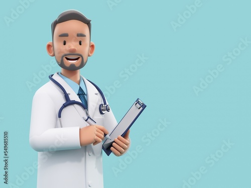 Cartoon doctor character holding pen and clipboard. Male medic specialist with stethoscope in doctor uniform. Professional consultation. Medical concept. 3d rendering