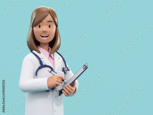 Cartoon doctor character holding pen and clipboard. Female medic specialist with stethoscope in doctor uniform. Professional consultation. Medical concept. 3d rendering