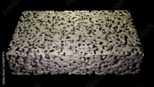Organic porous material. Bone , nanoporous structures extreme magnification closeup. 3d render illustration