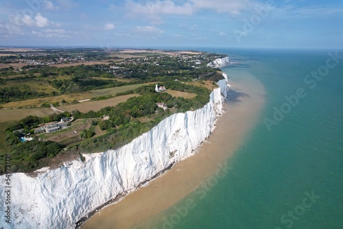 White cliffs of Dover UK drone aerial view summer drought dry brown grassland ..