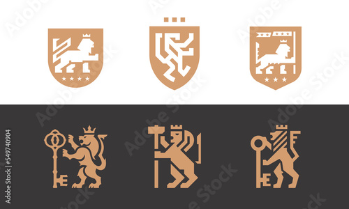 Lion logo mark icon set. Royal brand identity symbol design collection. Heraldic animal crown shield emblems. Vector illustration.