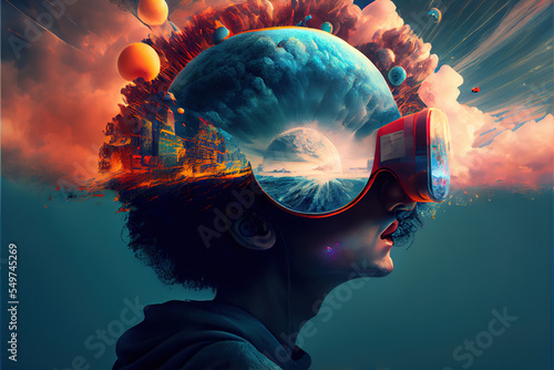 vr headset, double exposure, metaverse, futuristic virtual world, state of consciousness, technology