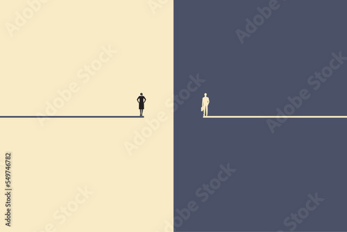 Businessman and business woman standing. concept of gender gap or business inequality concept. Business career challenge symbol. Eps10 vector illustration.