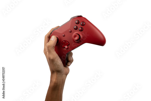 Hand holding a game controller on transparent background