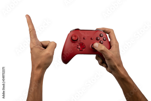 Hands playing with a gamepad controller on transparent background pointing a finger up