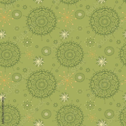 Stylish christmas seamless pattern with snowflakes. Bright repeat vector New Year background. Vintage style. Green, orange color. Suitable for packaging, wallpaper web-design, graphic design, card