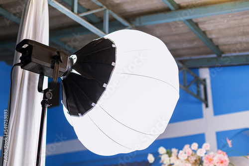 Lantern softbox light equipment. Studio lighting equipment. Professional Photography Lighting. LED Light with Softbox on a Stand.