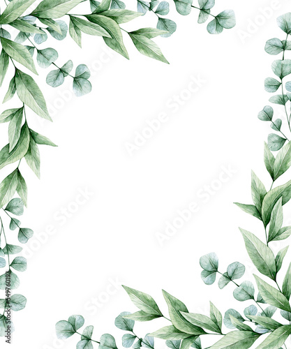 Watercolor illustration card with green eucalyptus leaves frame. Isolated on white background. Hand drawn clipart. Perfect for card, postcard, tags, invitation, printing, wrapping.