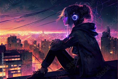 anime listen to music and vibe in city