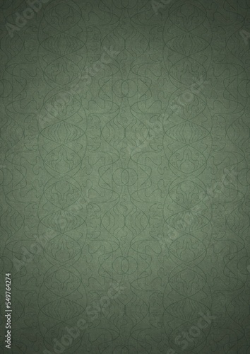 Hand-drawn unique abstract symmetrical seamless ornament. Dark semi transparent green on a light warm green with vignette of a darker background color. Paper texture. A4. (pattern: p02-1e)