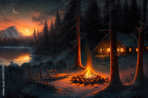 AI generated image of a cozy Christmas campfire by a log cabin at the edge of a lake