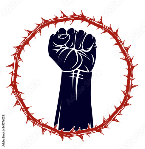 Slavery theme illustration with strong hand clenched fist fighting for freedom against blackthorn thorn, vector logo or tattoo, through the thorns to the stars concept.
