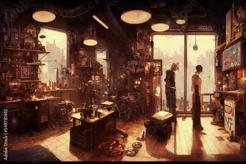 cyberpunk tattoo parlour room interior