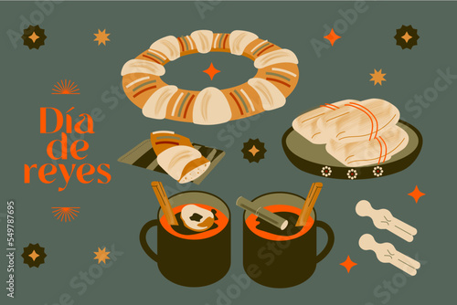 Set ilustración vectorial comida celebración mexicana de días de reyes magos, partida de rosca y ponche con tamales. 6 de enero.