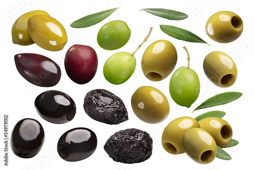 Black, green, pickled, whole and pitted, cured or sundried olives with leaves isolated png