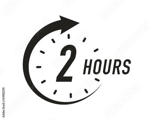 2 hours timer vector symbol black color style isolated on white background. Clock, stopwatch, cooking time label. 10 eps
