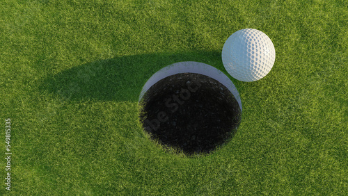 3d illustration of a golf ball right before falling into the hole. Hole in one, or almost perfect golf putt. 