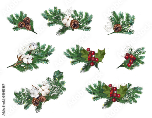 Fir branches, christmas clipart, tree decoration, fer cones, pine, ilex, cotton. isolated on white. Png format.