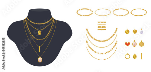 Collection of trendy glamour gold chains, pendants, necklaces and bracelets. Vector cartoon objects isolated on white for fashion and beauty design. 