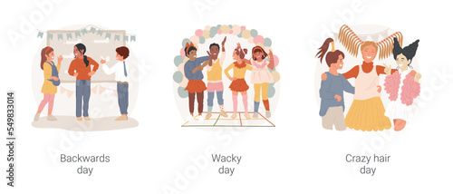 School theme days isolated cartoon vector illustration set. Wearing clothes backwards, wacky Wednesday, colorful outfit, crazy hair day, wild creative hairstyle, school fun vector cartoon.