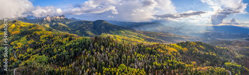 Colorado Rocky Mountains panorama - Autumn golden aspen leaves - Chimney Rock - County Road 8 